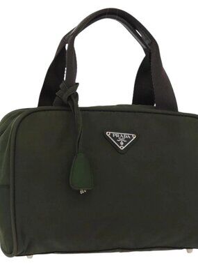 PRADA Hand Bag Nylon Khaki Silver Auth ARZ822